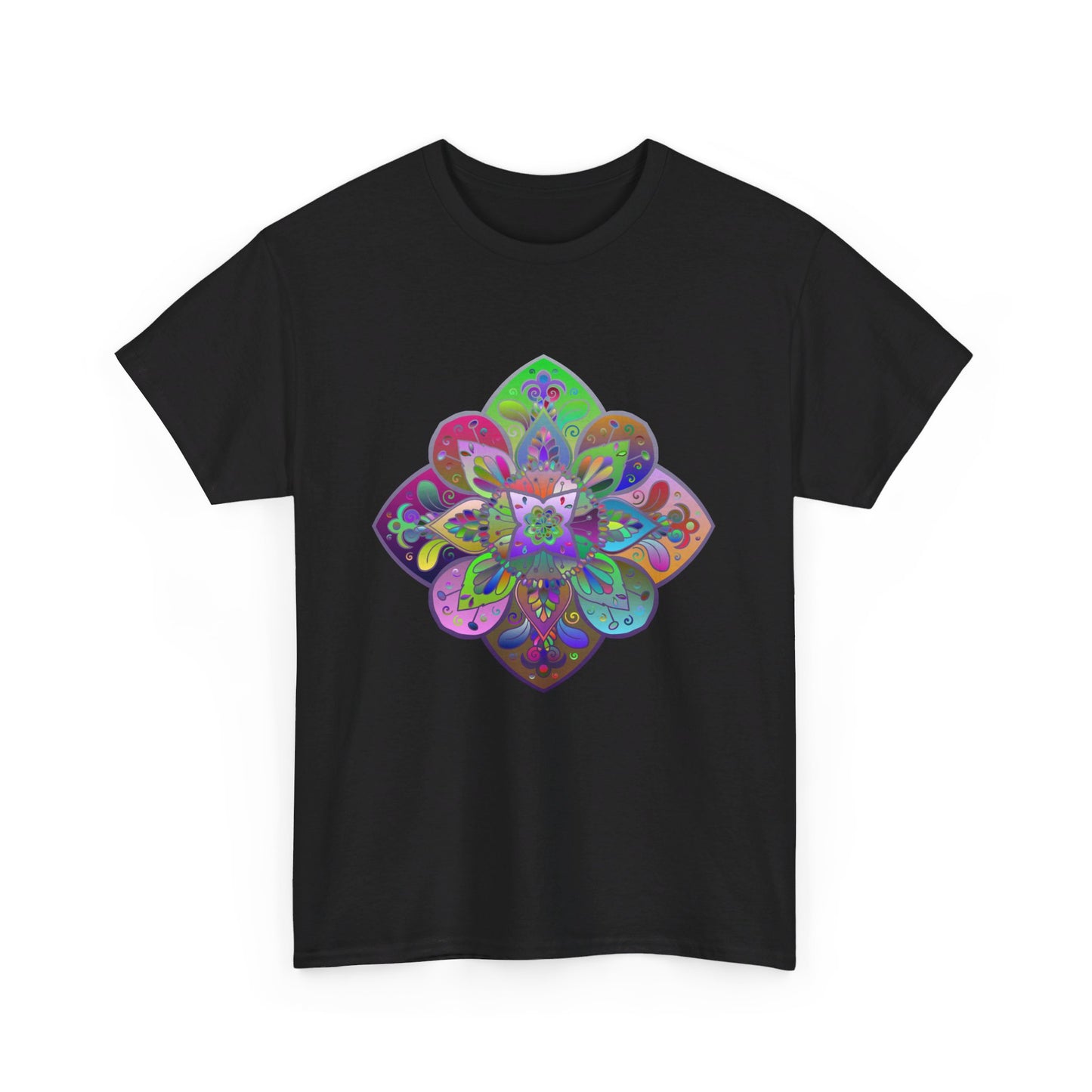 Mandala design featuring intricate patterns and vibrant colors on a soft, comfortable unisex heavy cotton t-shirt, perfect for yoga and mindfulness practices