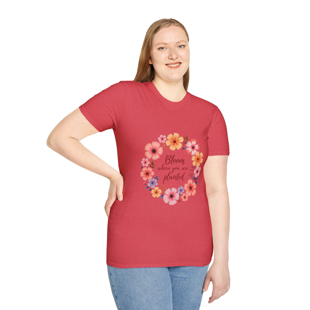 A close-up image of a comfortable cotton t-shirt featuring a beautiful floral mandala design and an inspiring quote