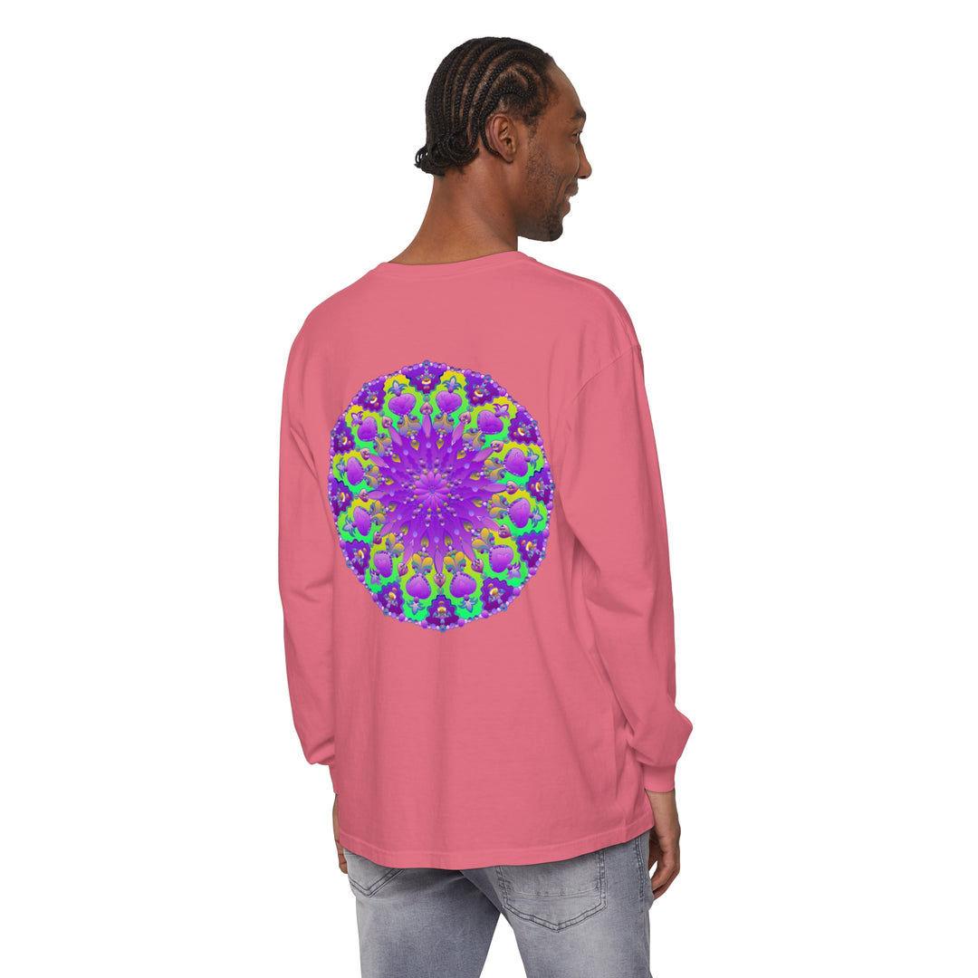 Vibrant purple and green mandala design long sleeve t-shirt for women