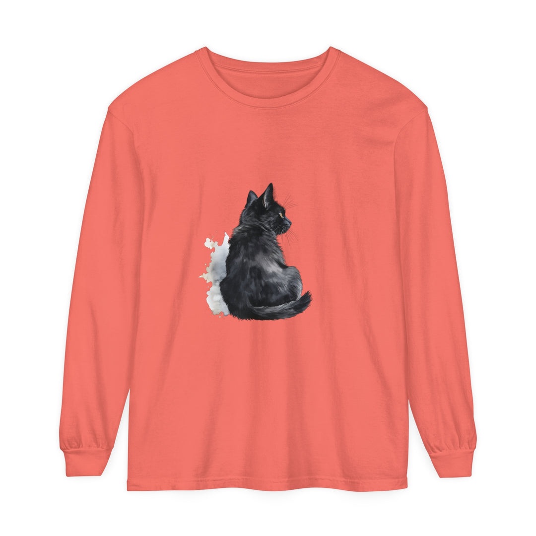 Black Cat Watercolor Unisex Long Sleeve T-Shirt featuring a vibrant feline design