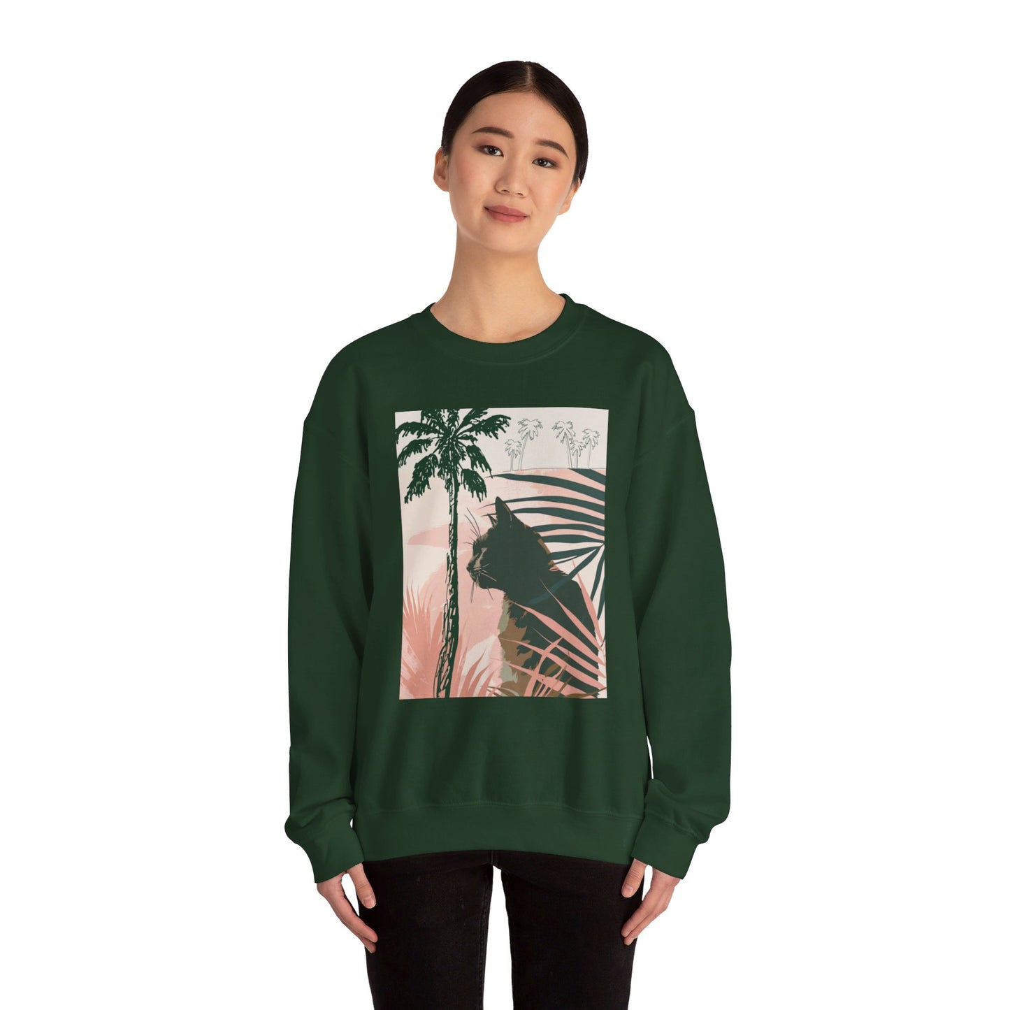 A cozy unisex heavy blend crewneck sweatshirt featuring a cute cat under palm trees design