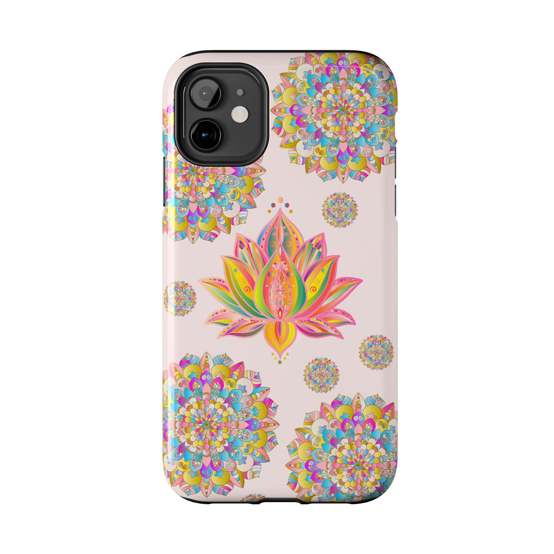 A beautiful light pink phone case with a lotus flower mandala design