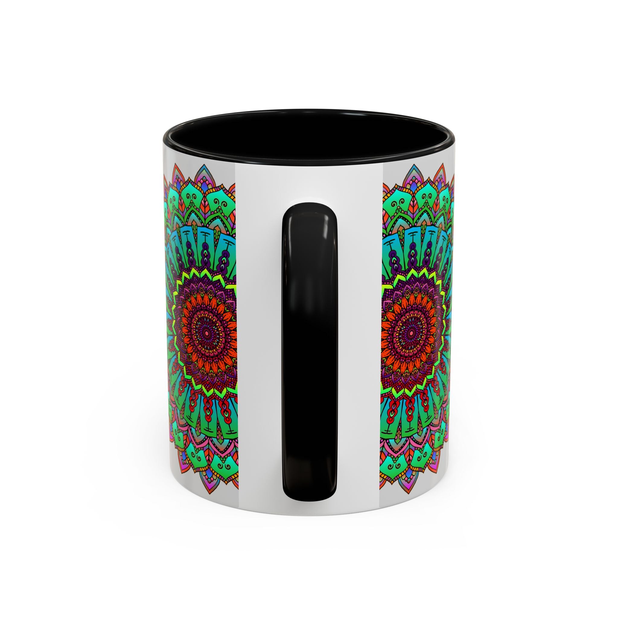 Handcrafted ceramic mug with a light grey background and colorful mandala art design