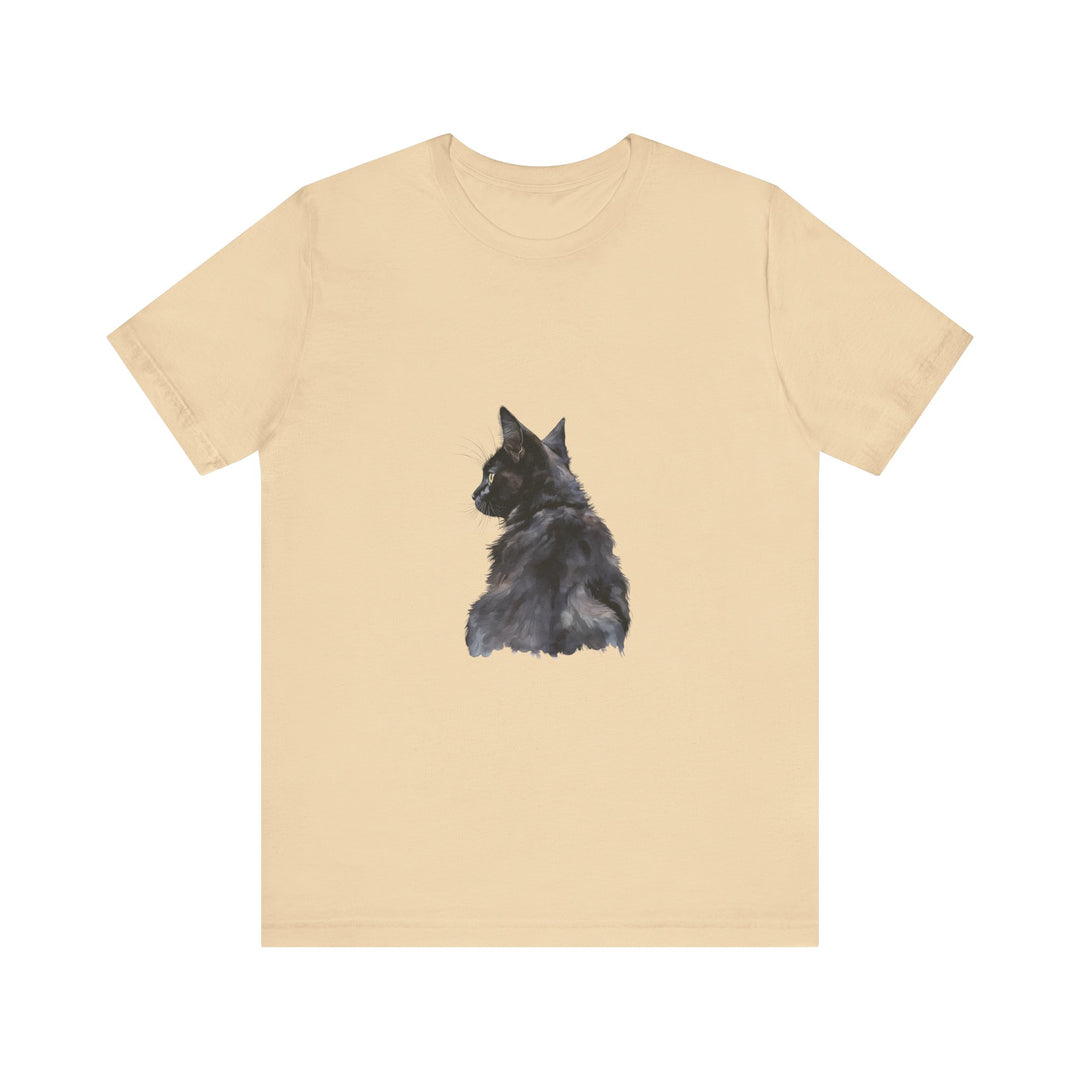 Beautiful and intricate watercolor illustration of a mysterious black cat on a high-quality t-shirt