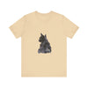 Beautiful and intricate watercolor illustration of a mysterious black cat on a high-quality t-shirt