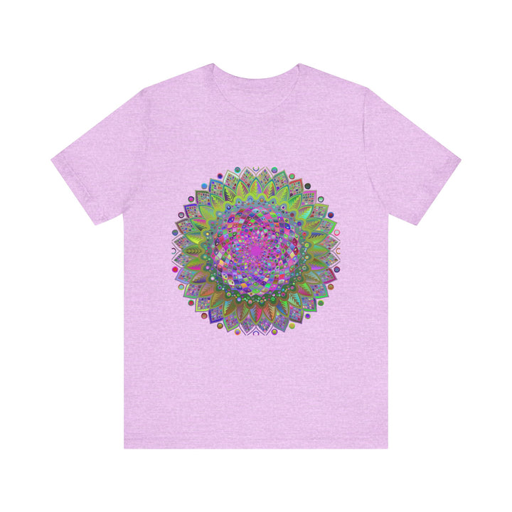 A close-up view of a vibrant mandala tee featuring colorful geometric art design