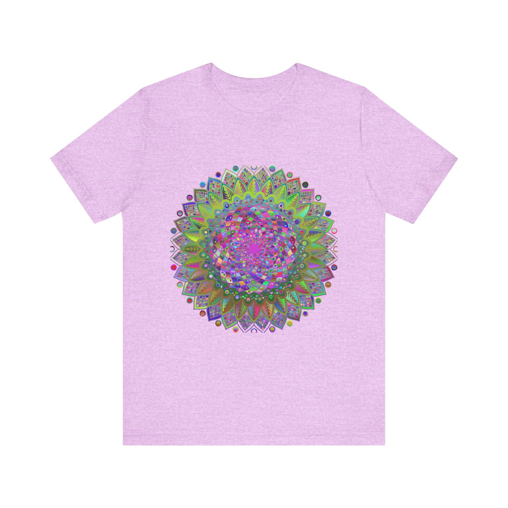 A close-up view of a vibrant mandala tee featuring colorful geometric art design