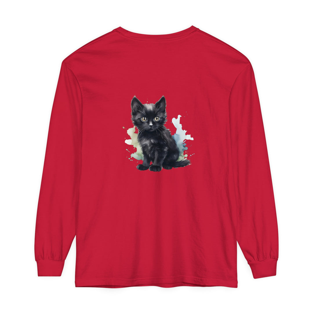 Black watercolor illustration of a cute kitten on a long sleeve t-shirt