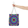 Colorful and intricate psychedelic mandala design on a stylish tote bag