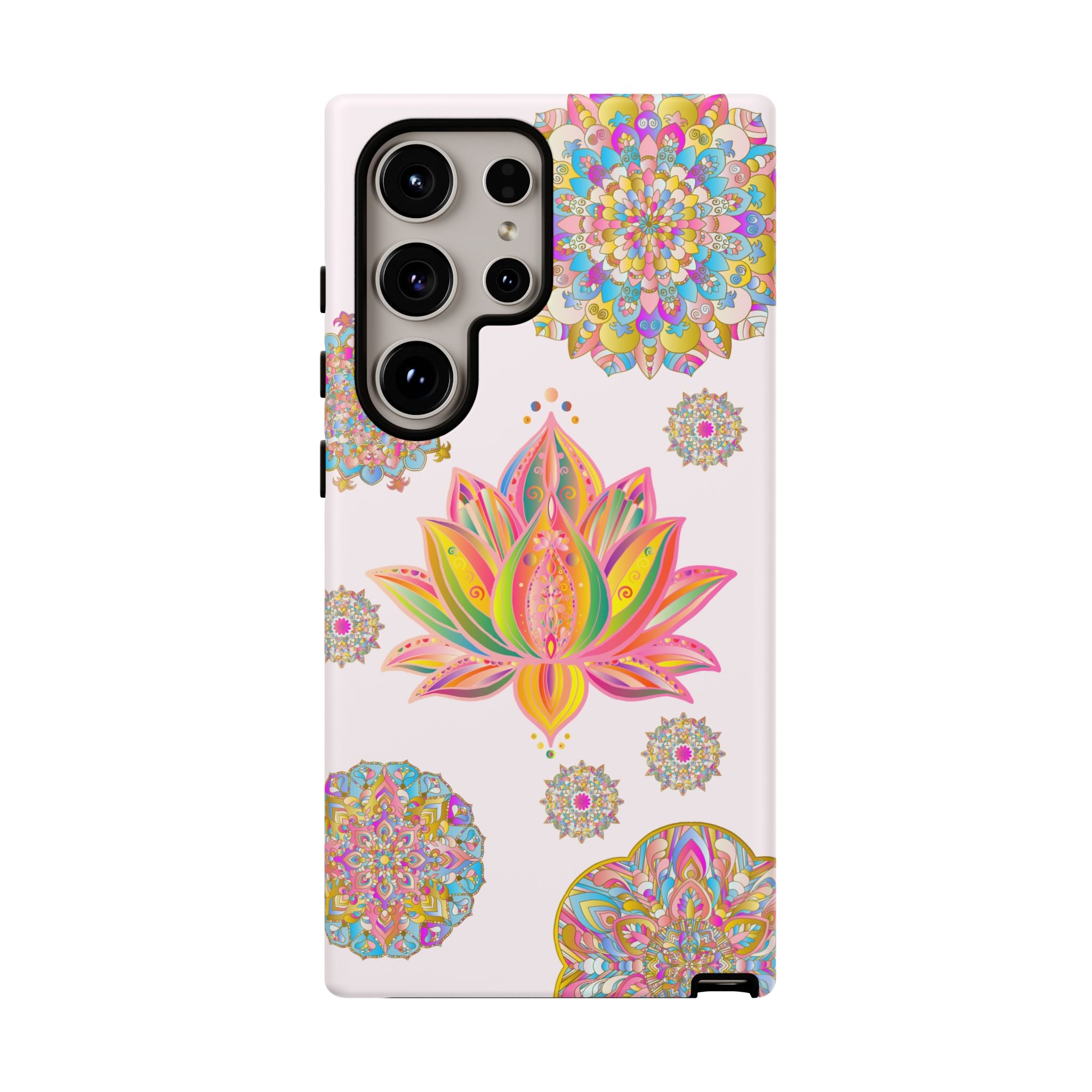 Beautiful light pink phone case with a mandala design and lotus flower