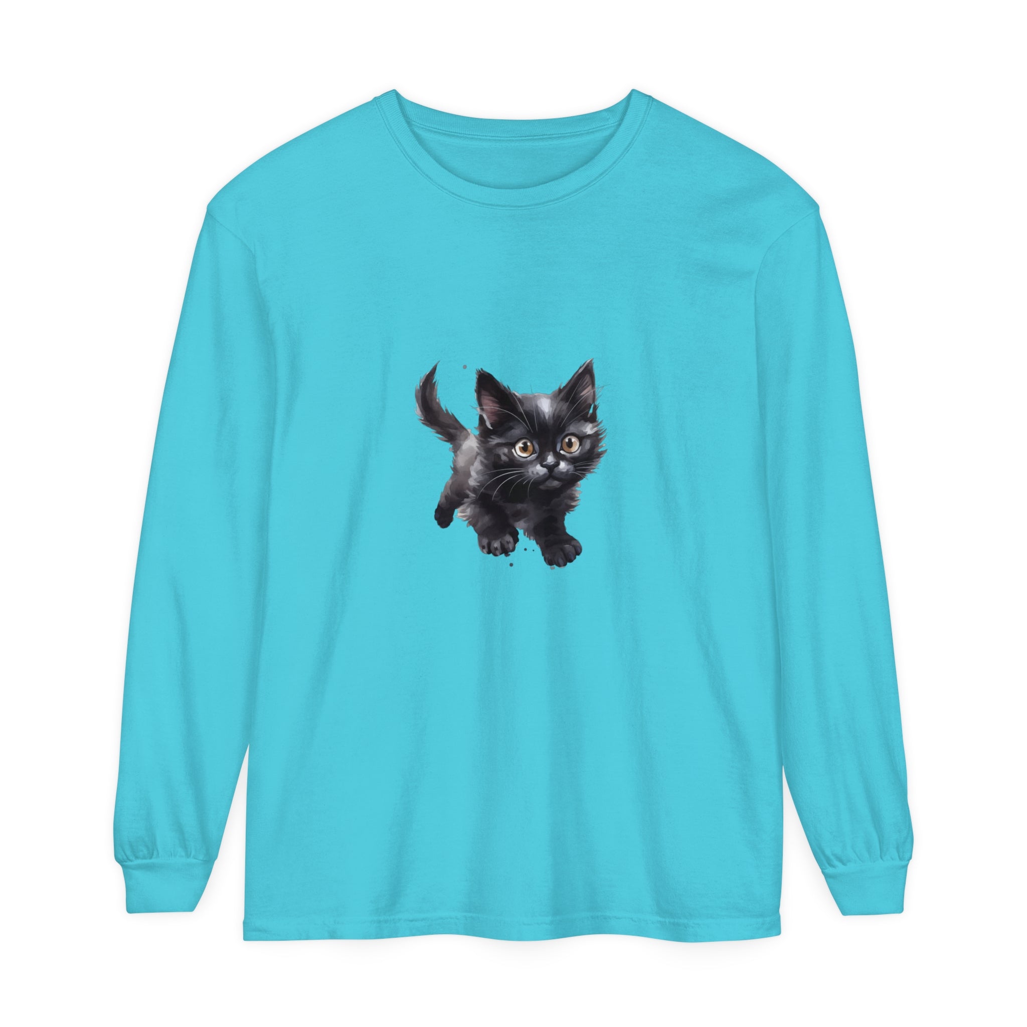 A watercolor illustration of a playful kitten printed on a high-quality, soft cotton t-shirt