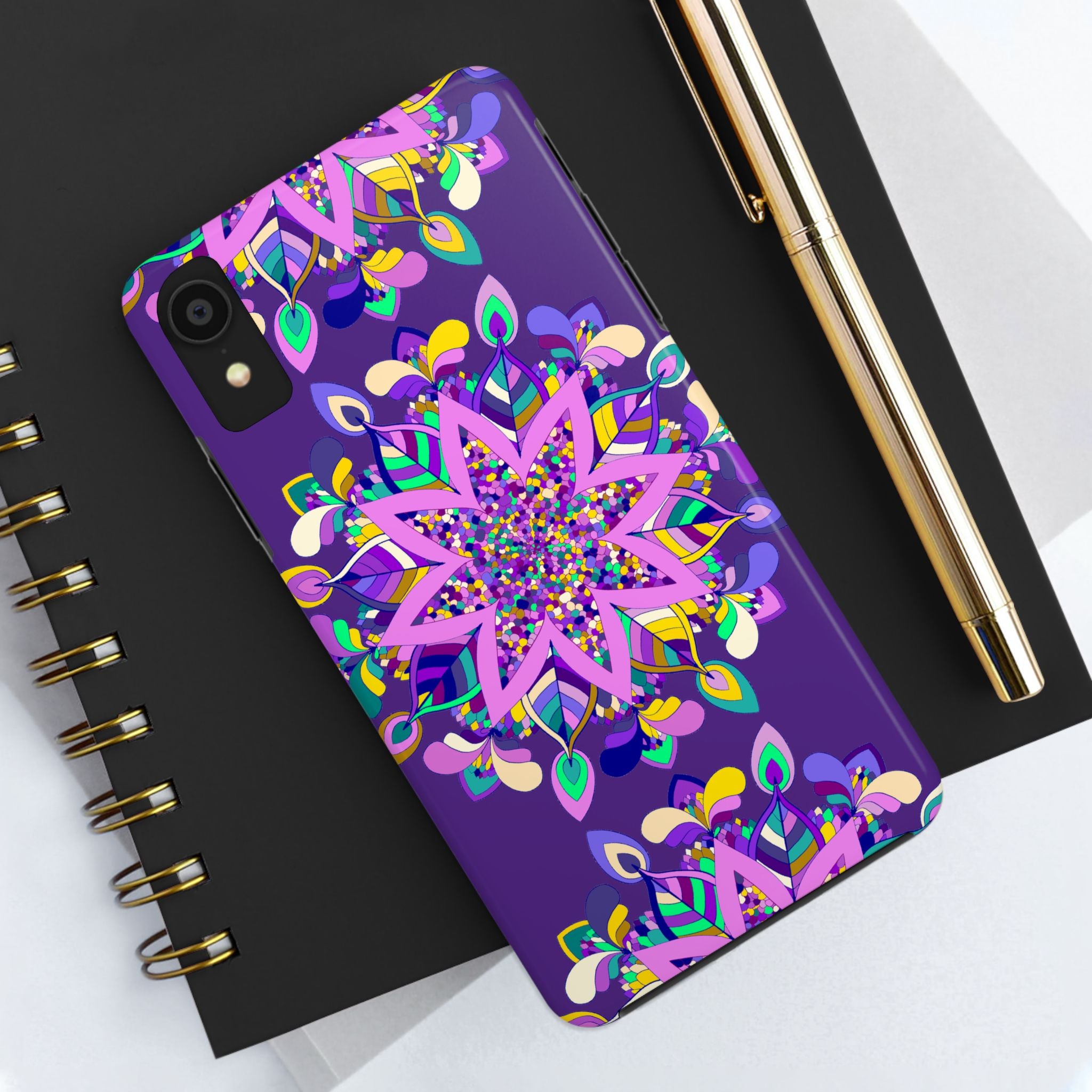 Hand-drawn purple mandala art phone case designed for iPhone X/XS