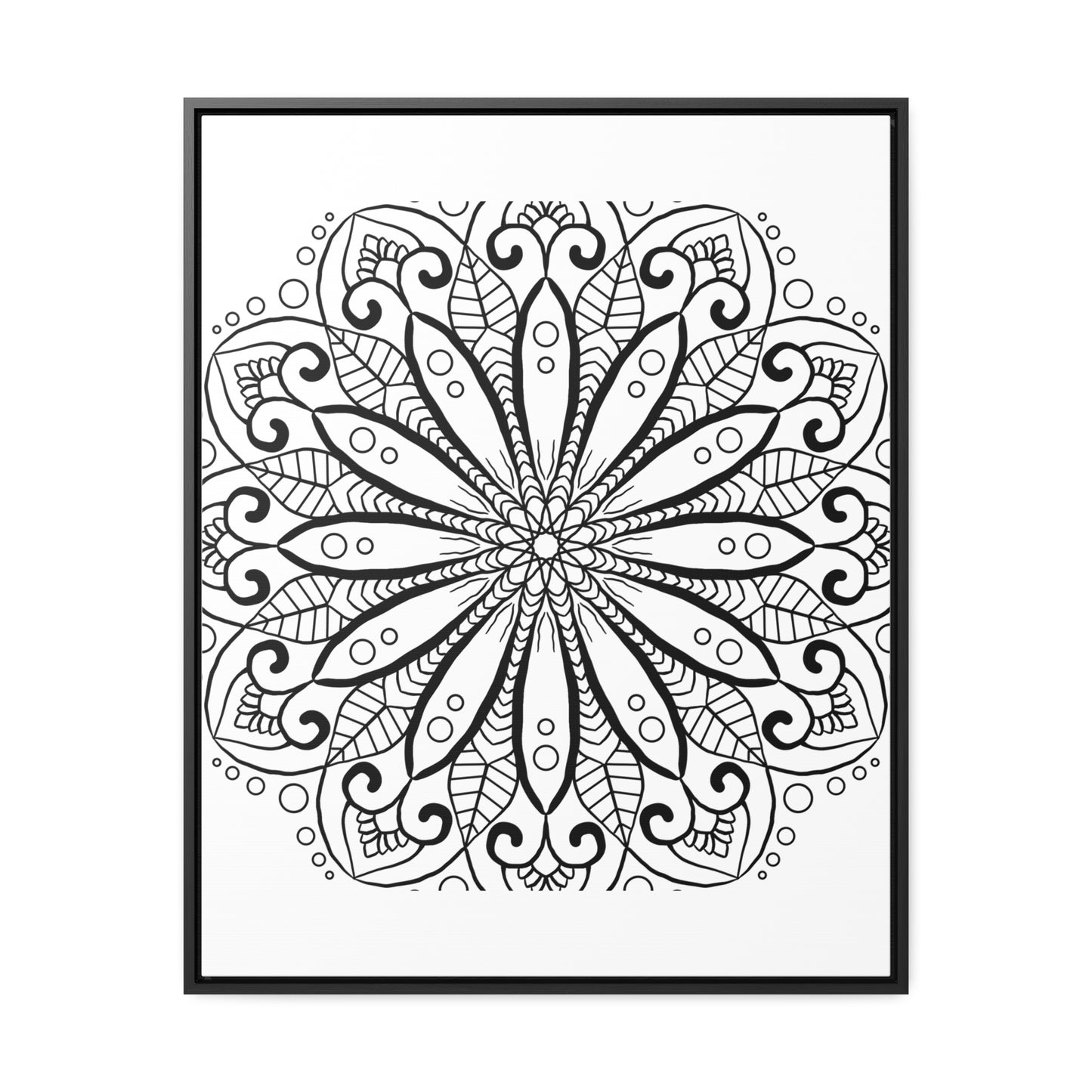 Handmade black and white mandala art on gallery canvas wraps with vertical frame