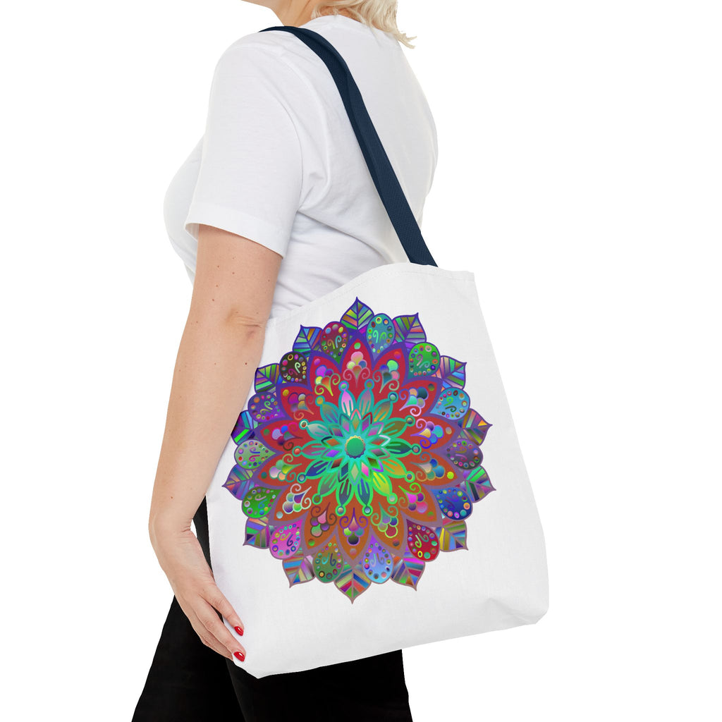 Vibrantly colored mandala tote bag with intricate design and all-over print