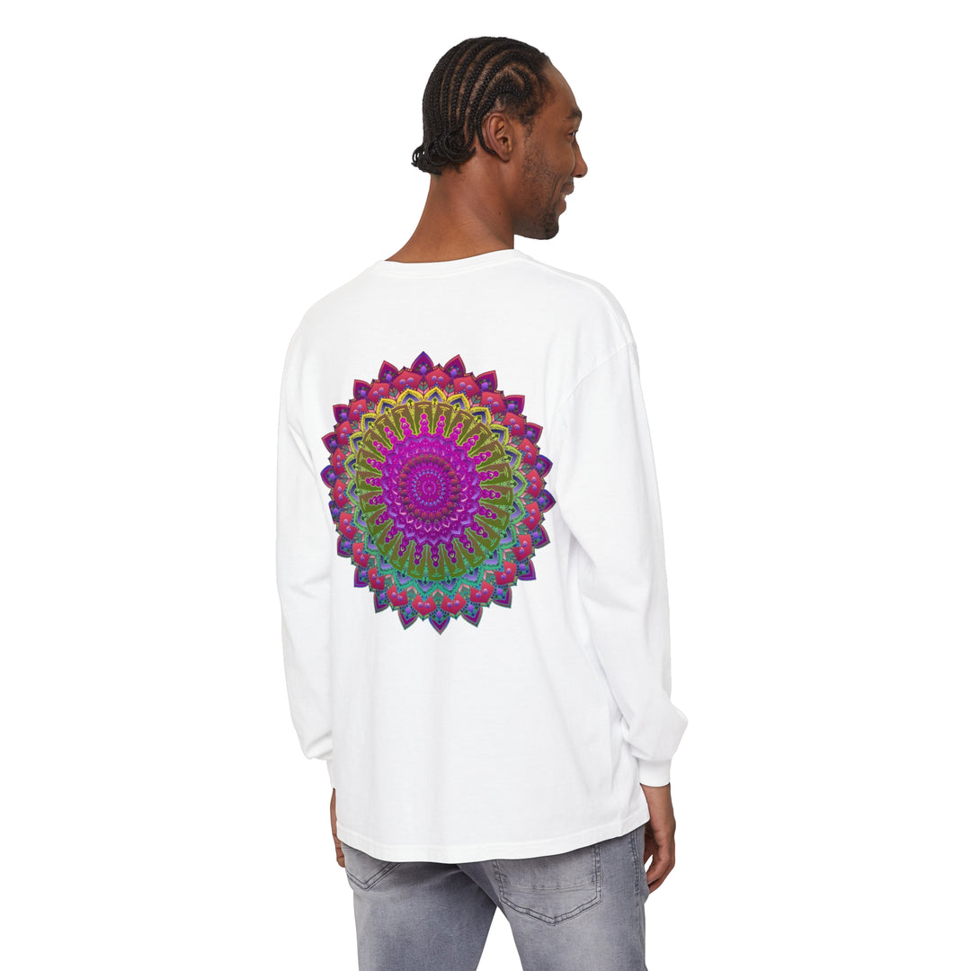 Vibrant Mandala Unisex Long Sleeve T-Shirt in a variety of colors and sizes, perfect for adding a pop of color to any outfit