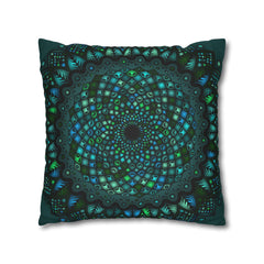 Original fine art hand-drawn spun polyester square pillowcase in petroleum green