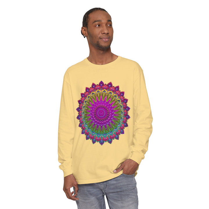 Person Pairing Vibrant Mandala Unisex Long Sleeve T-Shirt with Unique Bottoms