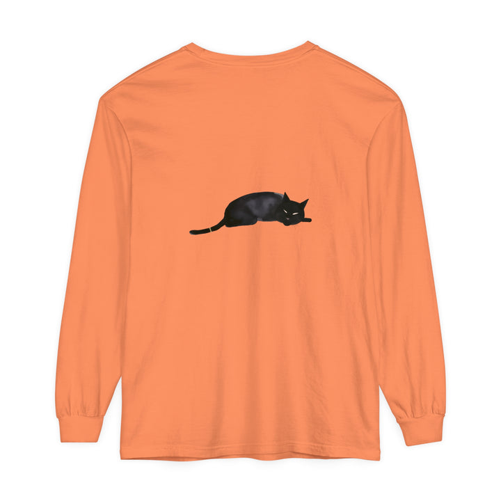 A cozy and charming unisex long sleeve t-shirt featuring a sleeping black cat design