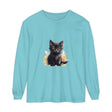 Black Kitten Watercolor Splash T-Shirt featuring a cute black kitten surrounded by vibrant watercolor splashes on a high-quality black t-shirt