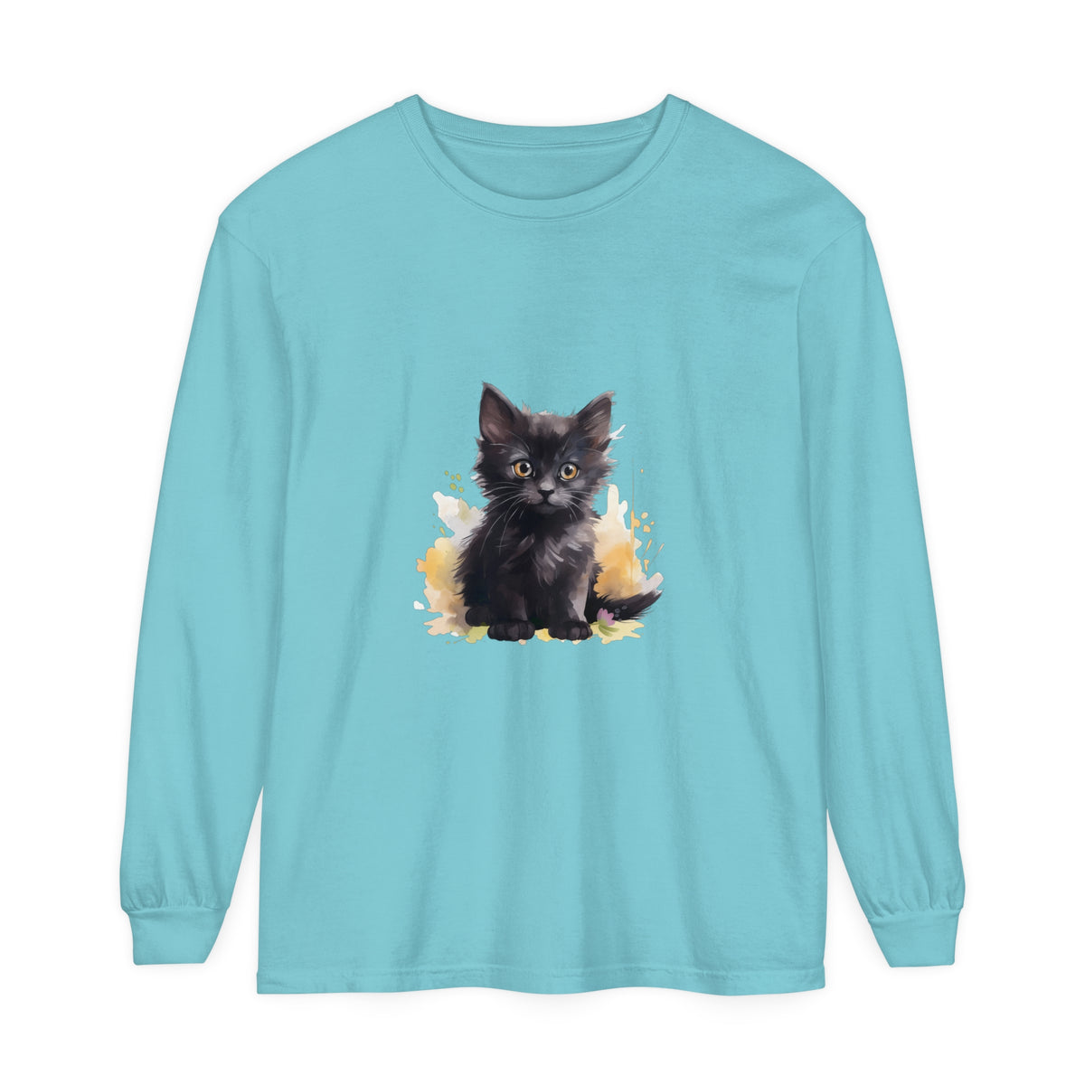 Black Kitten Watercolor Splash T-Shirt featuring a cute black kitten surrounded by vibrant watercolor splashes on a high-quality black t-shirt
