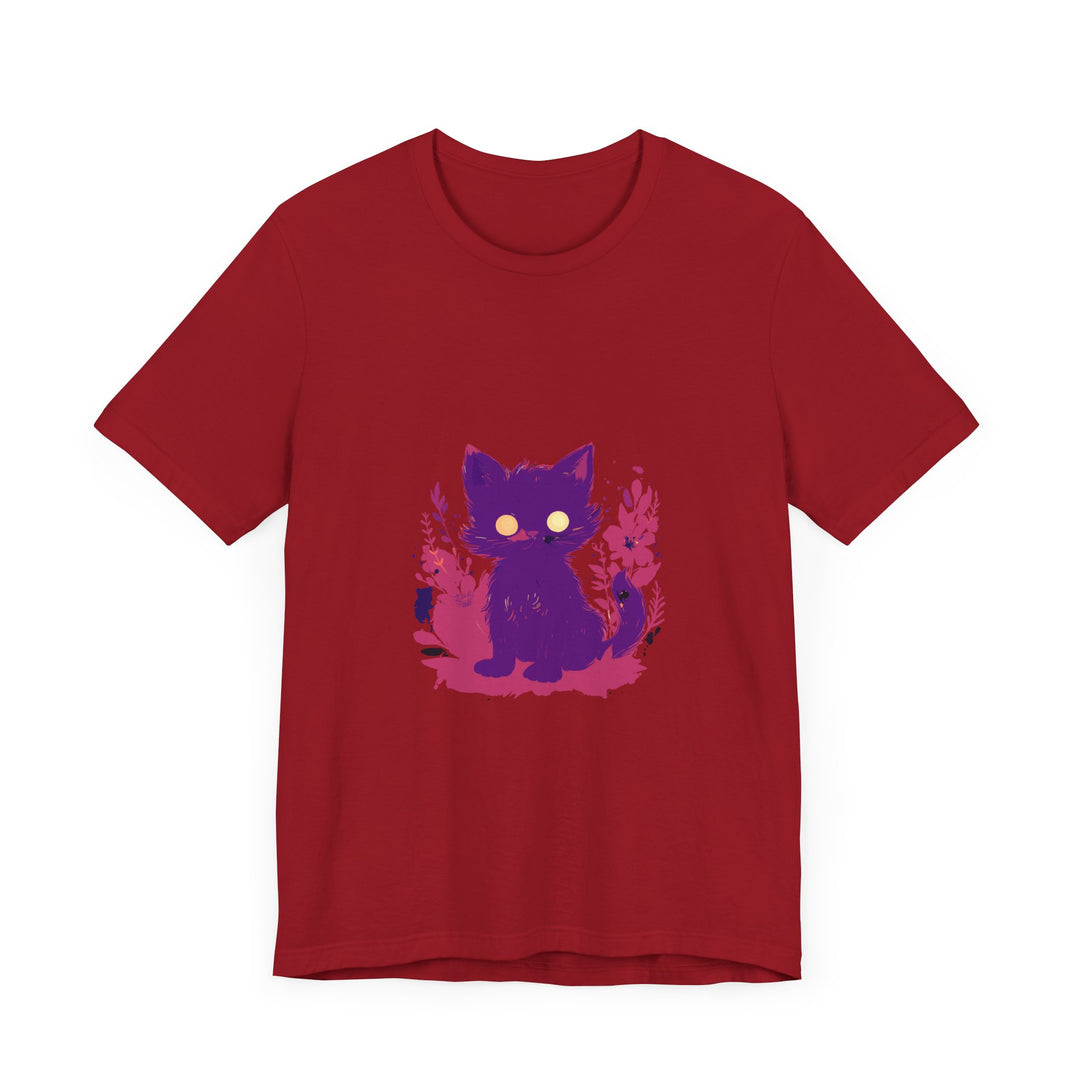 Vibrant purple t-shirt with a whimsical design featuring a mysterious cat