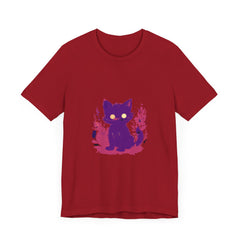 Vibrant purple t-shirt with a whimsical design featuring a mysterious cat