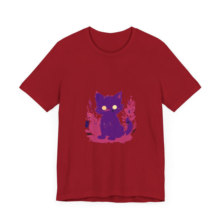 Vibrant purple t-shirt with a whimsical design featuring a mysterious cat