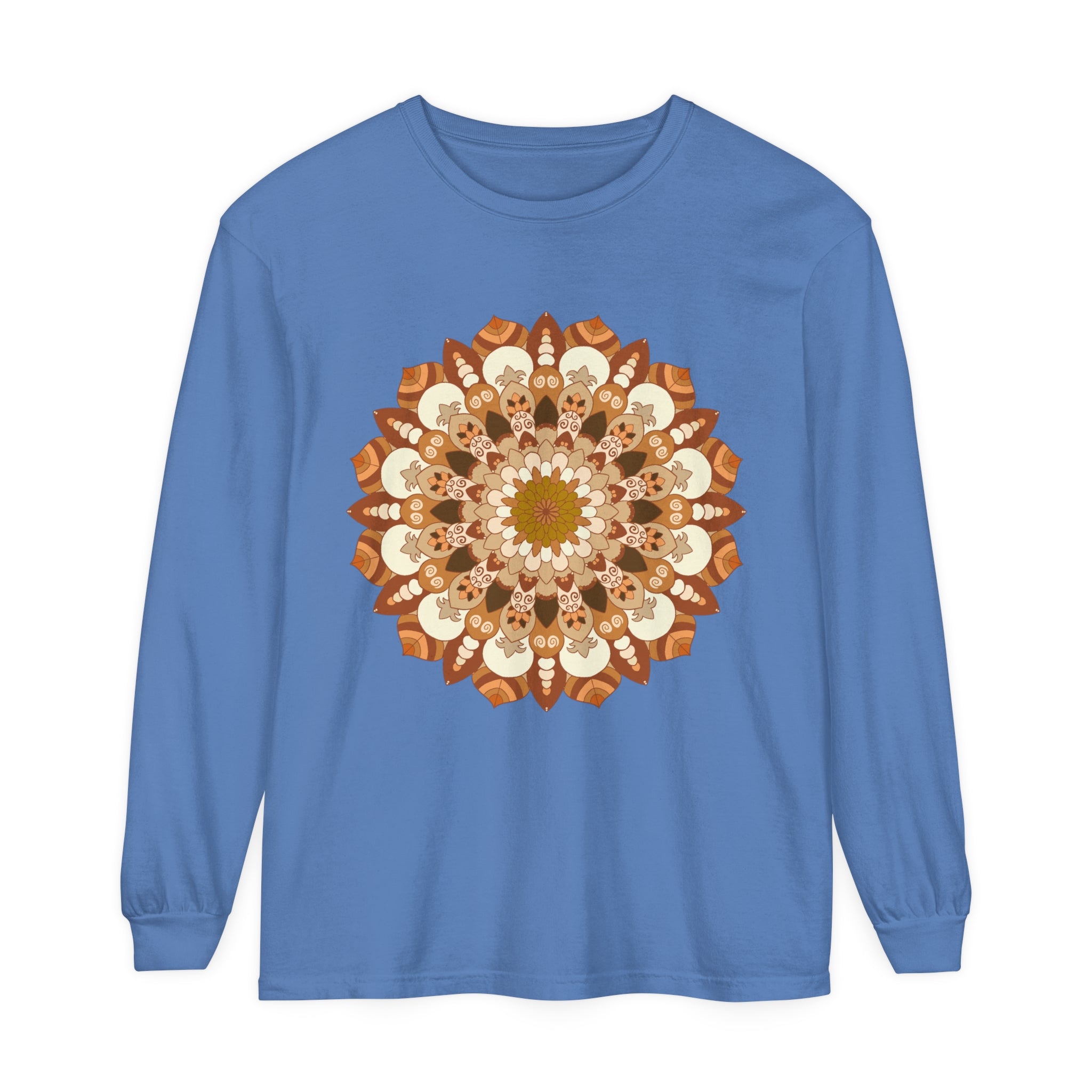 Intricate mandala design in vibrant colors on a unisex long sleeve t-shirt