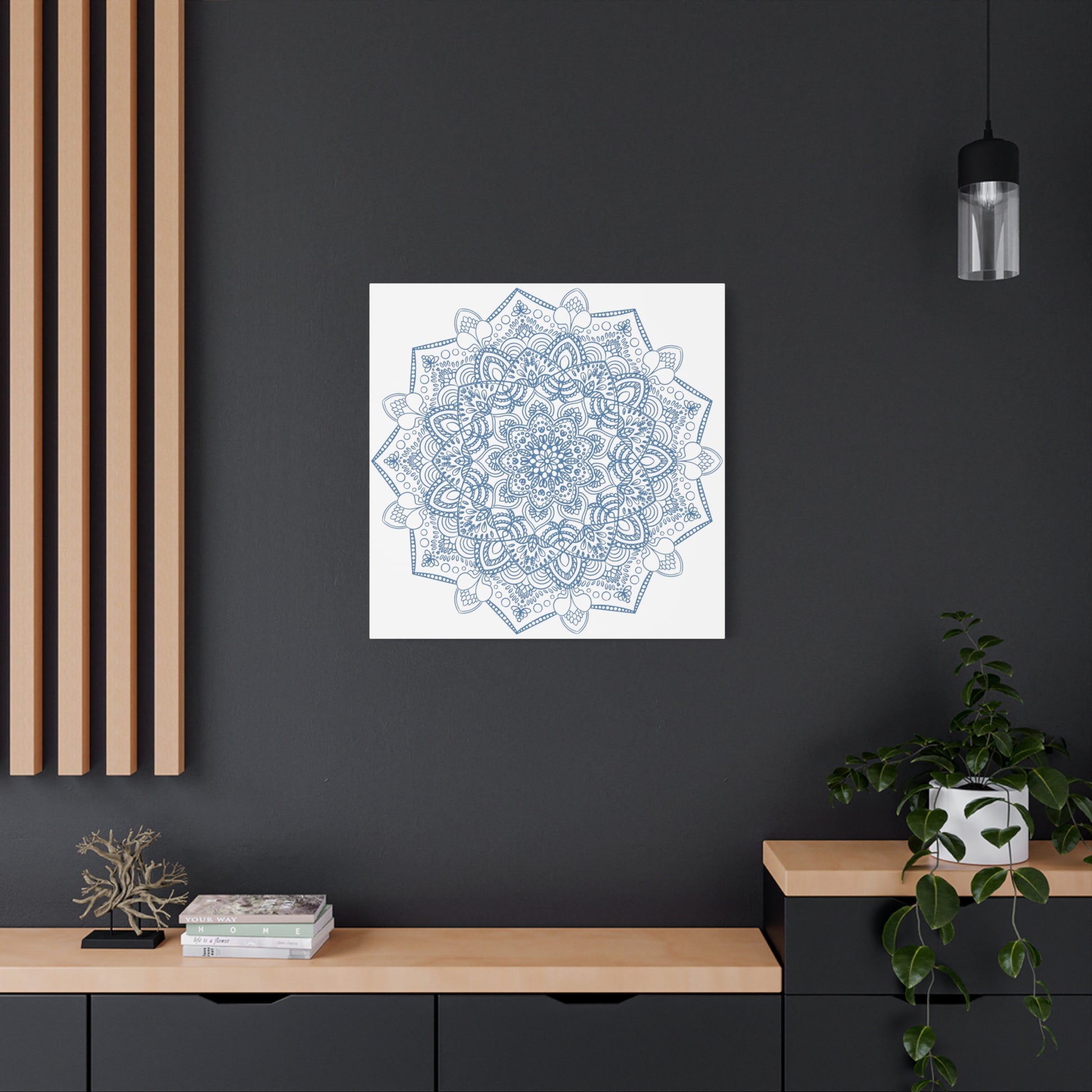 Handmade Mandala Design Wall Art in Steel Blue on Matte Canvas, Stretched, 125 Thickness