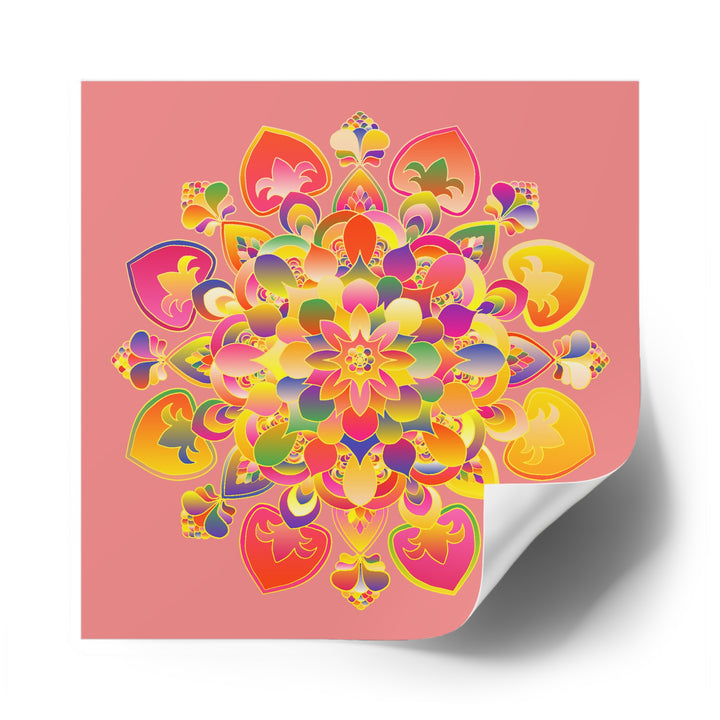 Hand-Drawn Mandala Laminate Stickers – Gold, Red, and Green on Soft coral