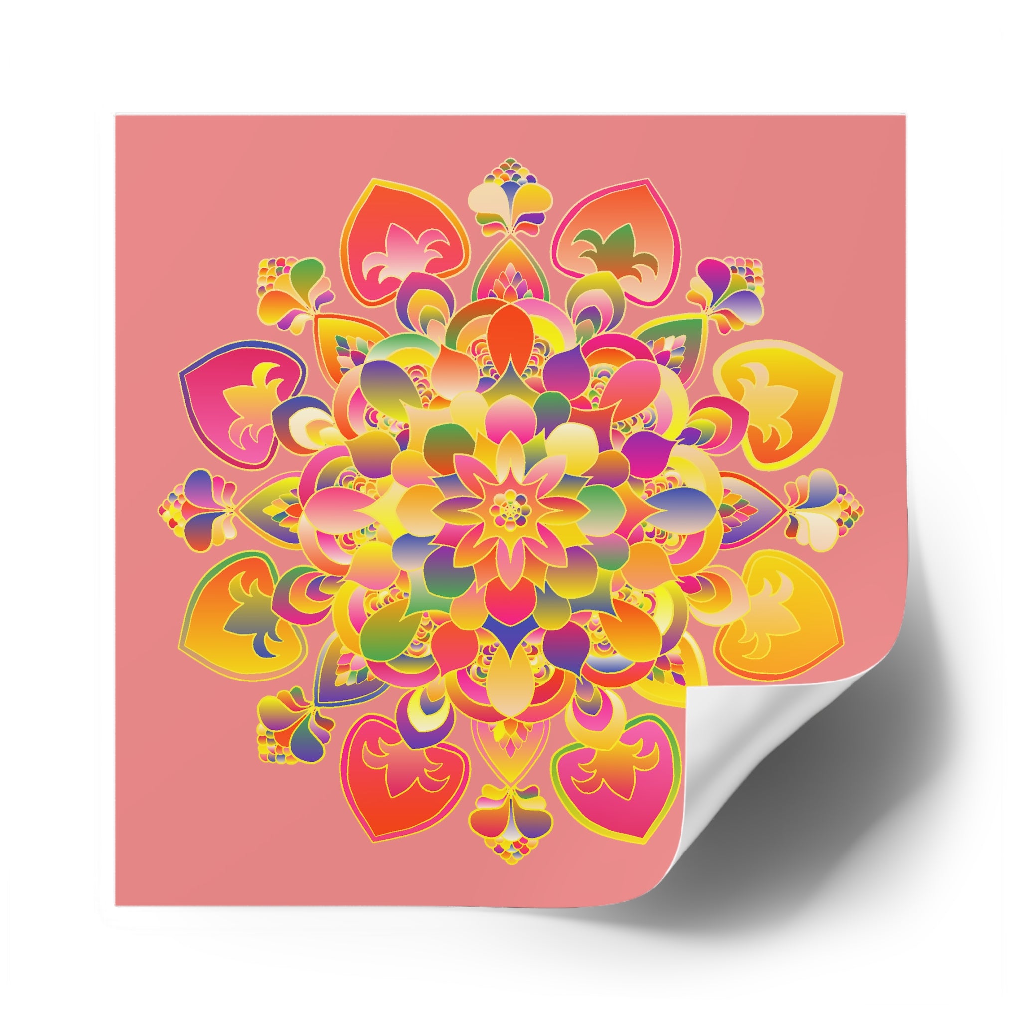 Handgezeichnete Mandala-Laminieraufkleber – Gold, Rot und Grün auf zartkorallenfarbenem Grund