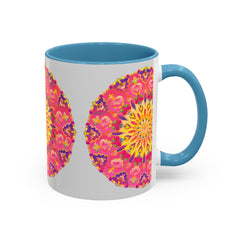 Colorful Mandala Art Mug featuring shades of pink, yellow, and green