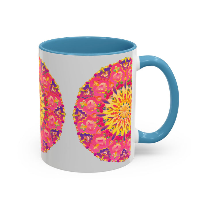 Colorful Mandala Art Mug featuring shades of pink, yellow, and green