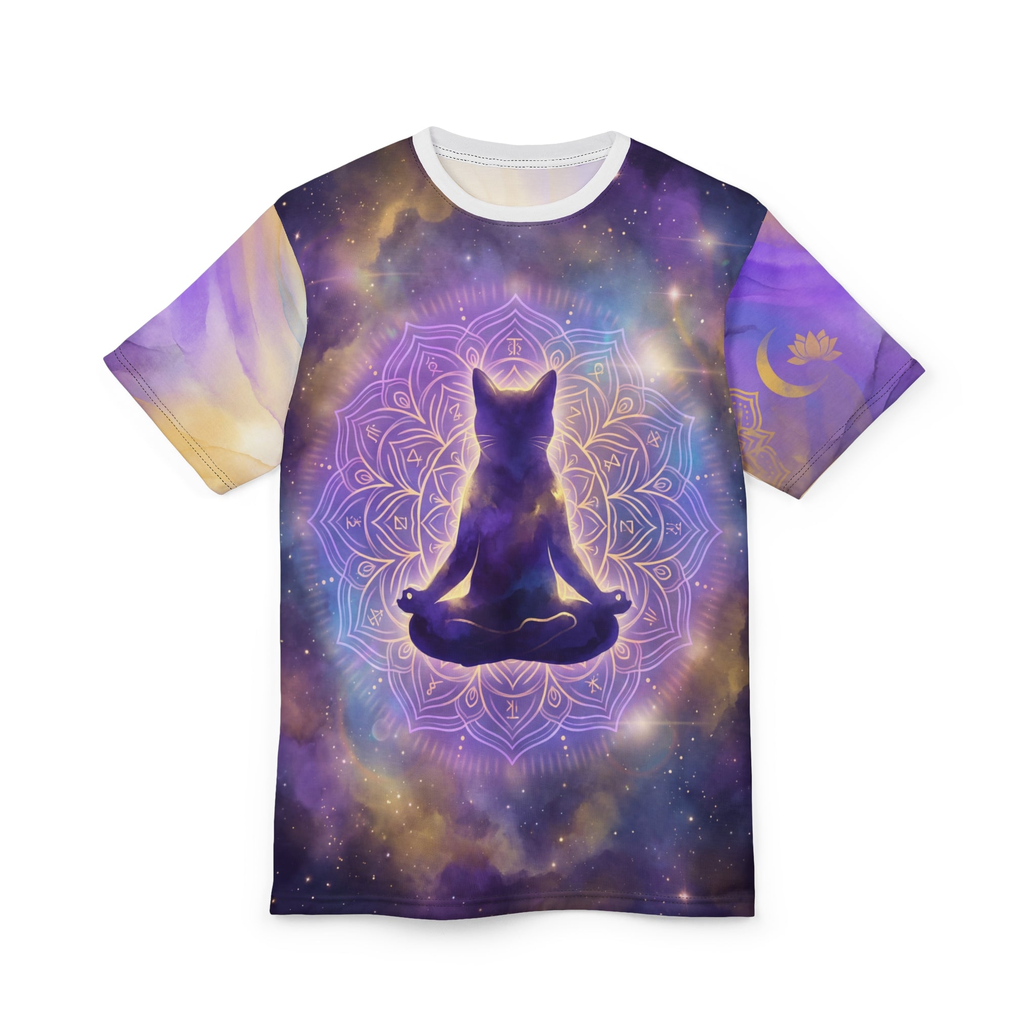 Meditatives Katzen-T-Shirt mit Allover-Print – Mandala-Nachthimmel-Design „Kosmische Katze“