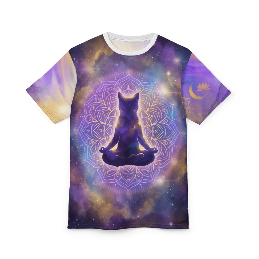 Meditative Cat All-Over Print Tee - 'Cosmic Cat' Mandala Night-Sky Design