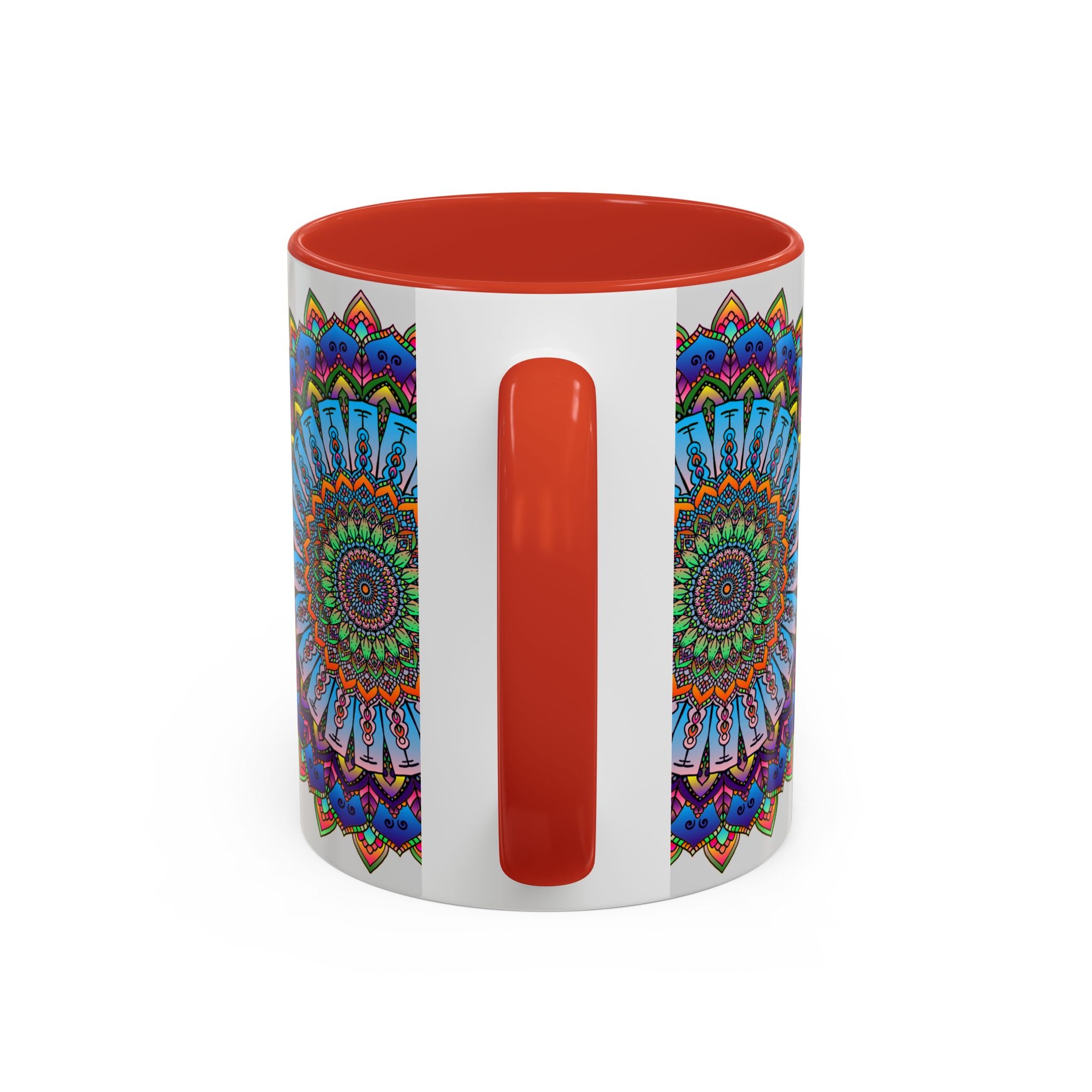 Vibrant mandala mug with colorful art on grey background, perfect for adding a pop of color to your morning routine