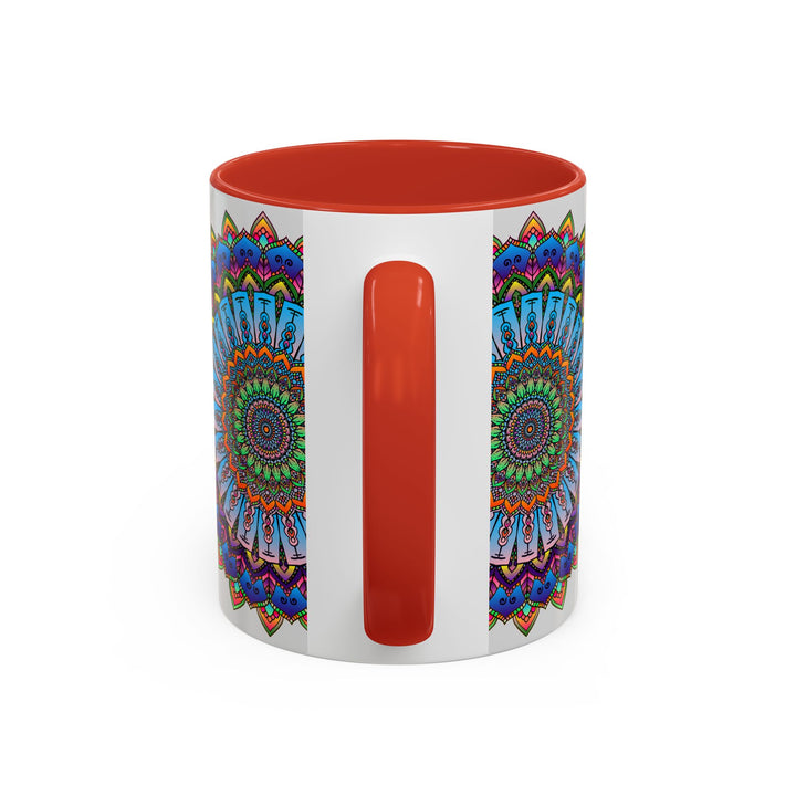 Vibrant mandala mug with colorful art on grey background, perfect for adding a pop of color to your morning routine