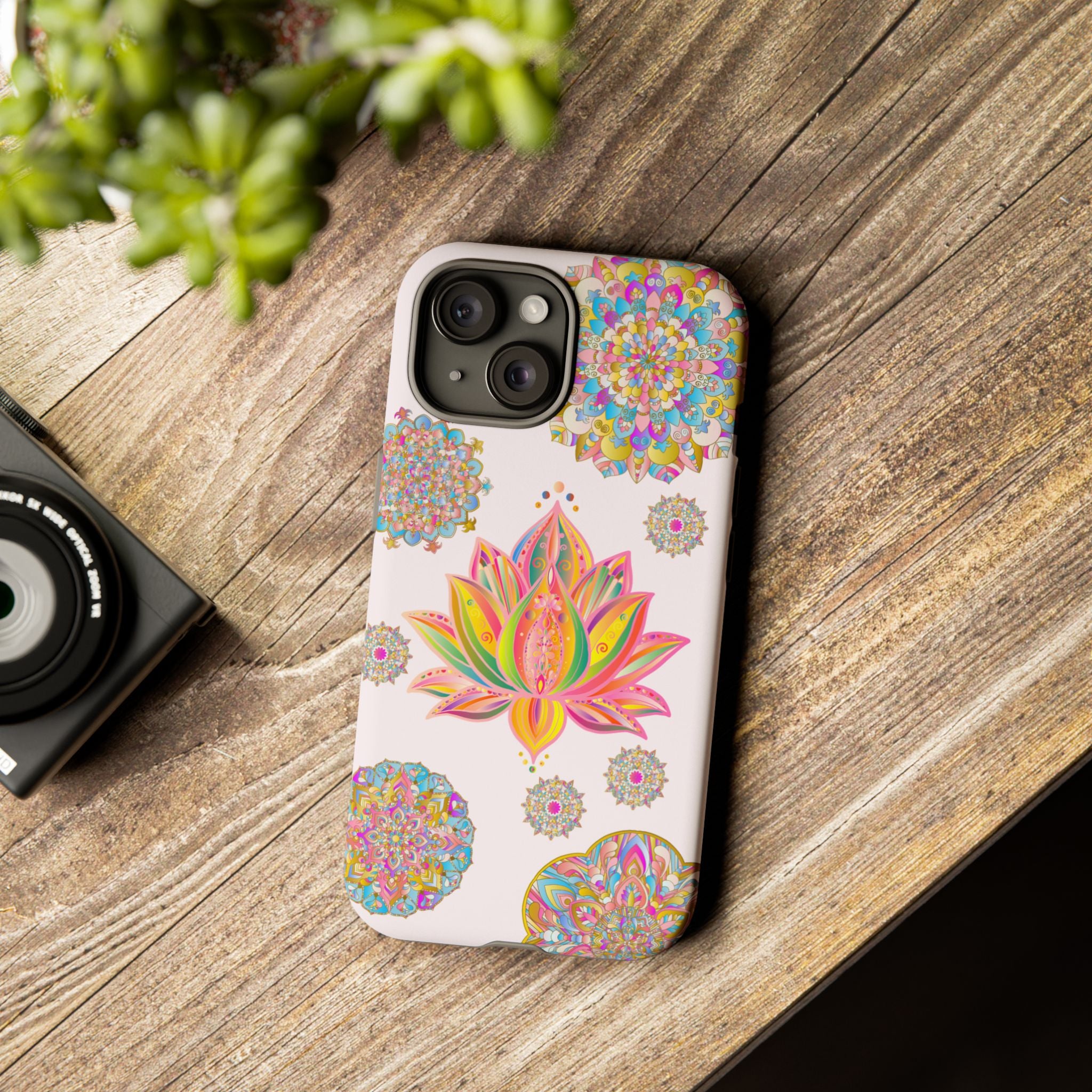 Beautiful light pink phone case with a mandala lotus flower design