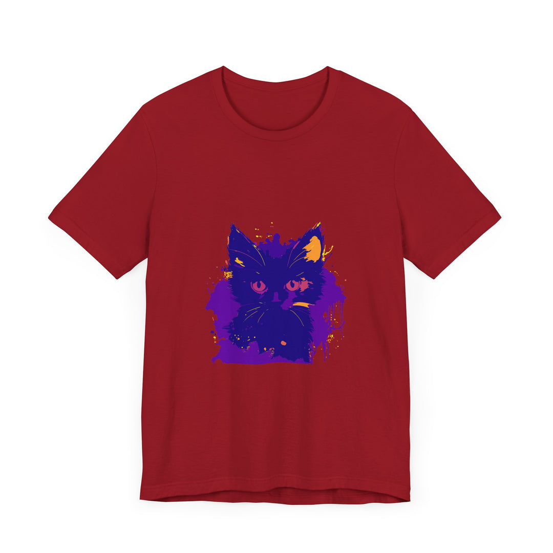 Whimsical Blue & Pink Cat T-Shirt featuring a playful feline design