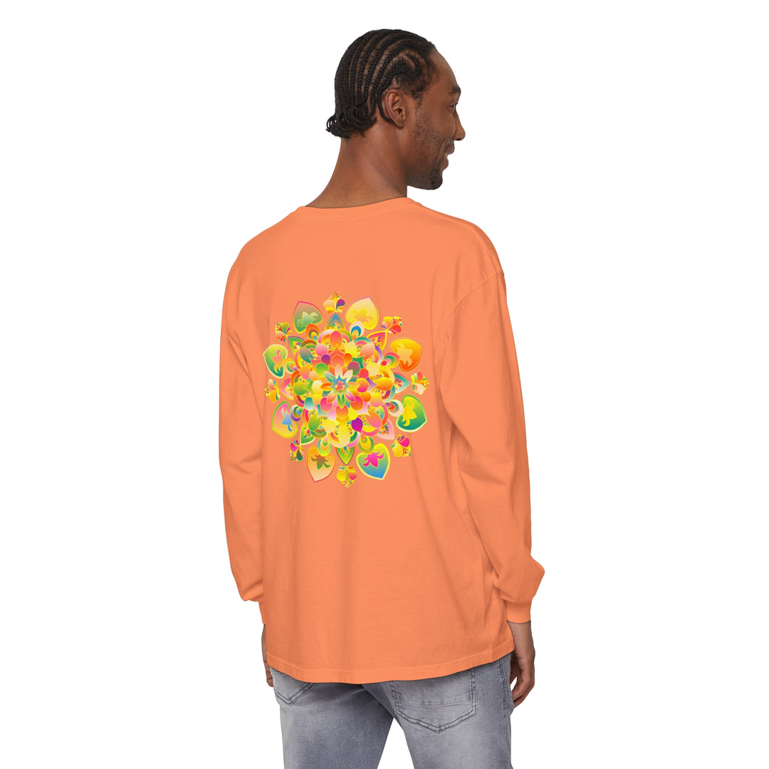 A colorful and intricate psychedelic mandala design printed on a long sleeve t-shirt