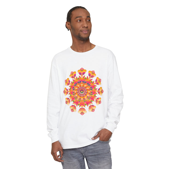 Colorful, intricate mandala design featured on unisex long sleeve t-shirt