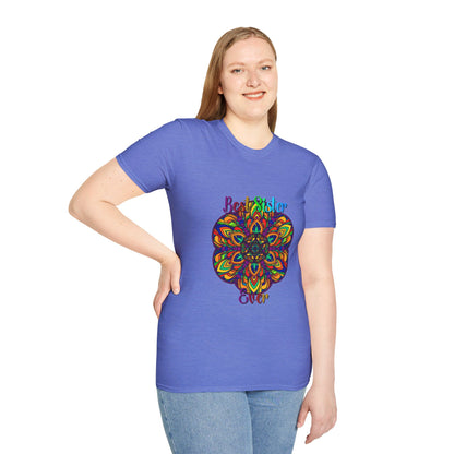 Colorful and intricate mandala art design on unisex softstyle t-shirt, perfect gift for sister, hand-drawn and unique