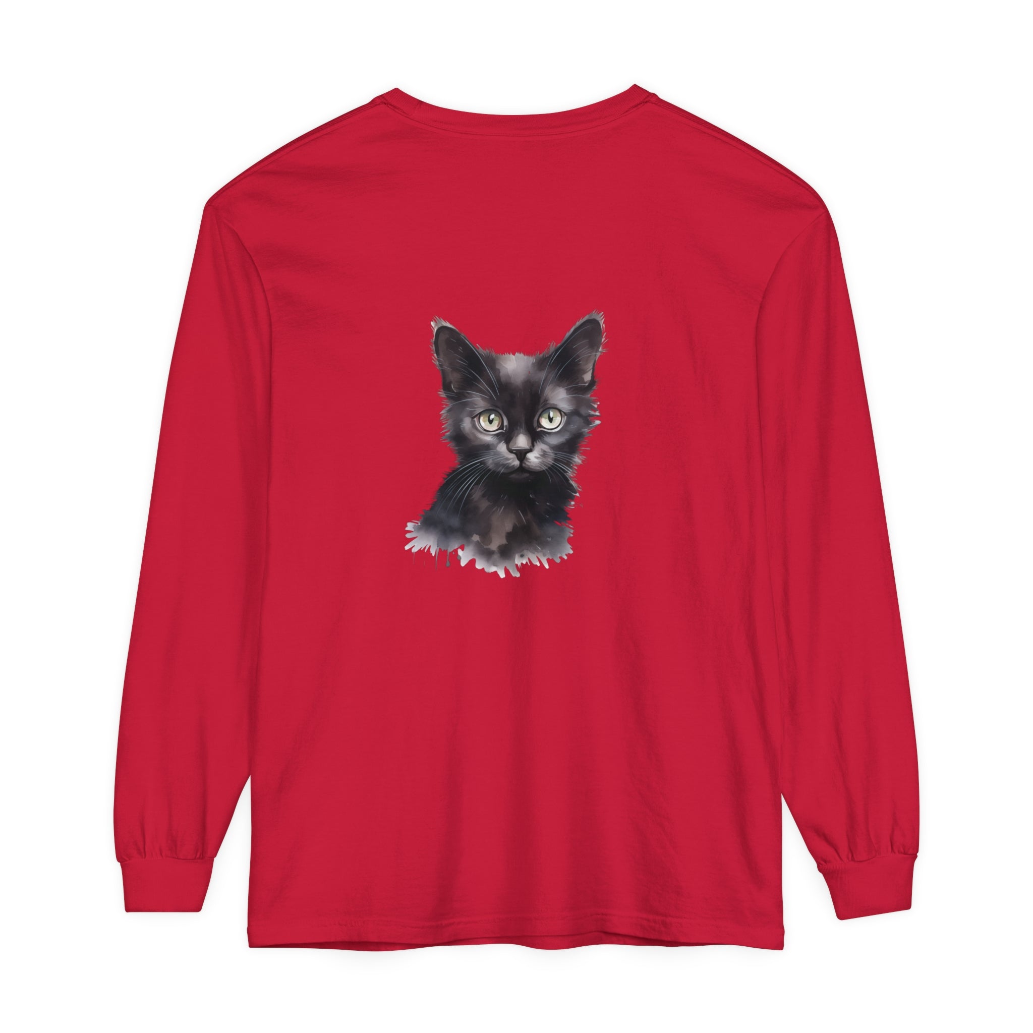 Black Cat Watercolor Long Sleeve T-Shirt with vibrant watercolor cat design