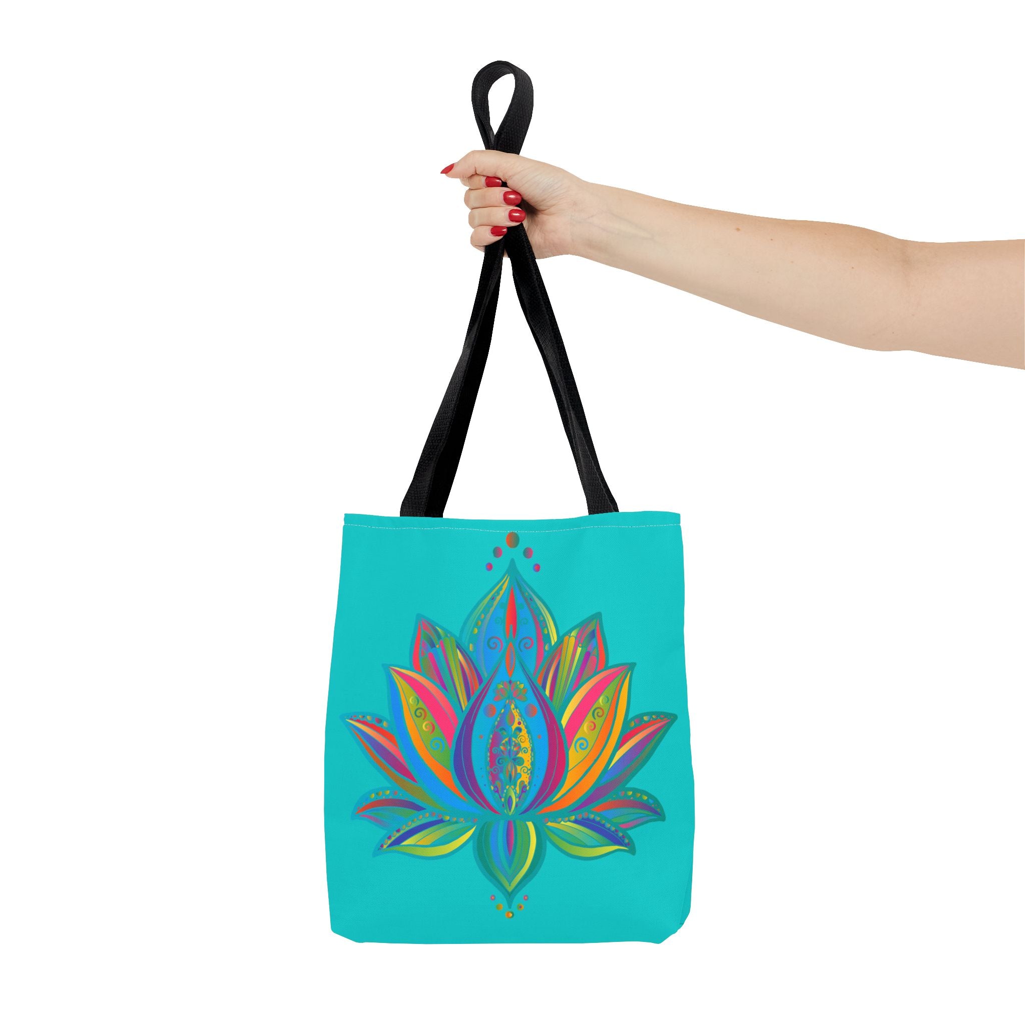 Large azure tote bag featuring a beautiful mandala lotus design