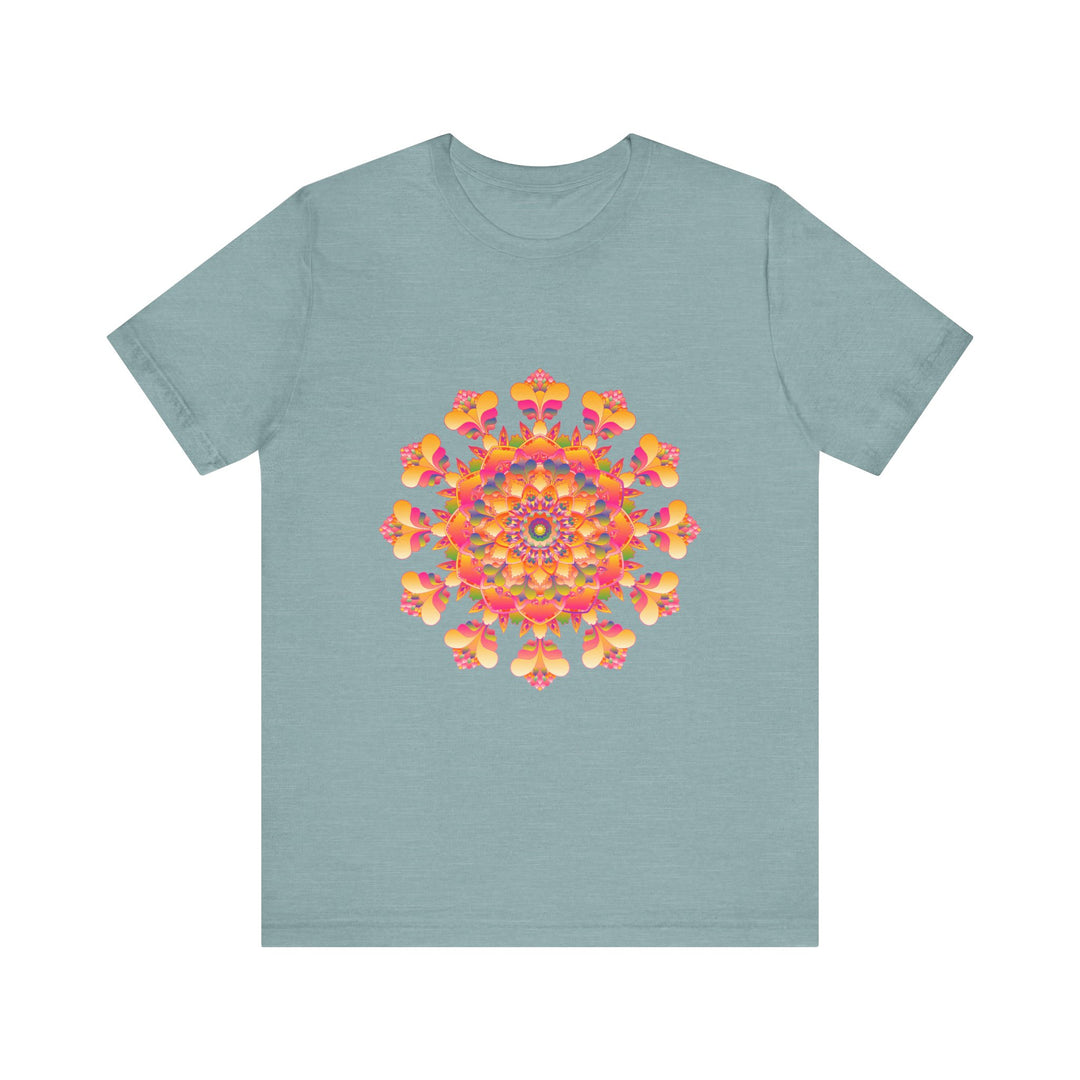 Vibrant Mandala Tee in pink, yellow, orange, and green, featuring intricate and colorful mandala design