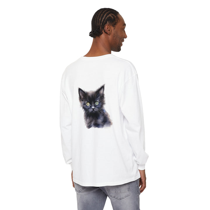 Black unisex long sleeve t-shirt featuring a mystical kitten design