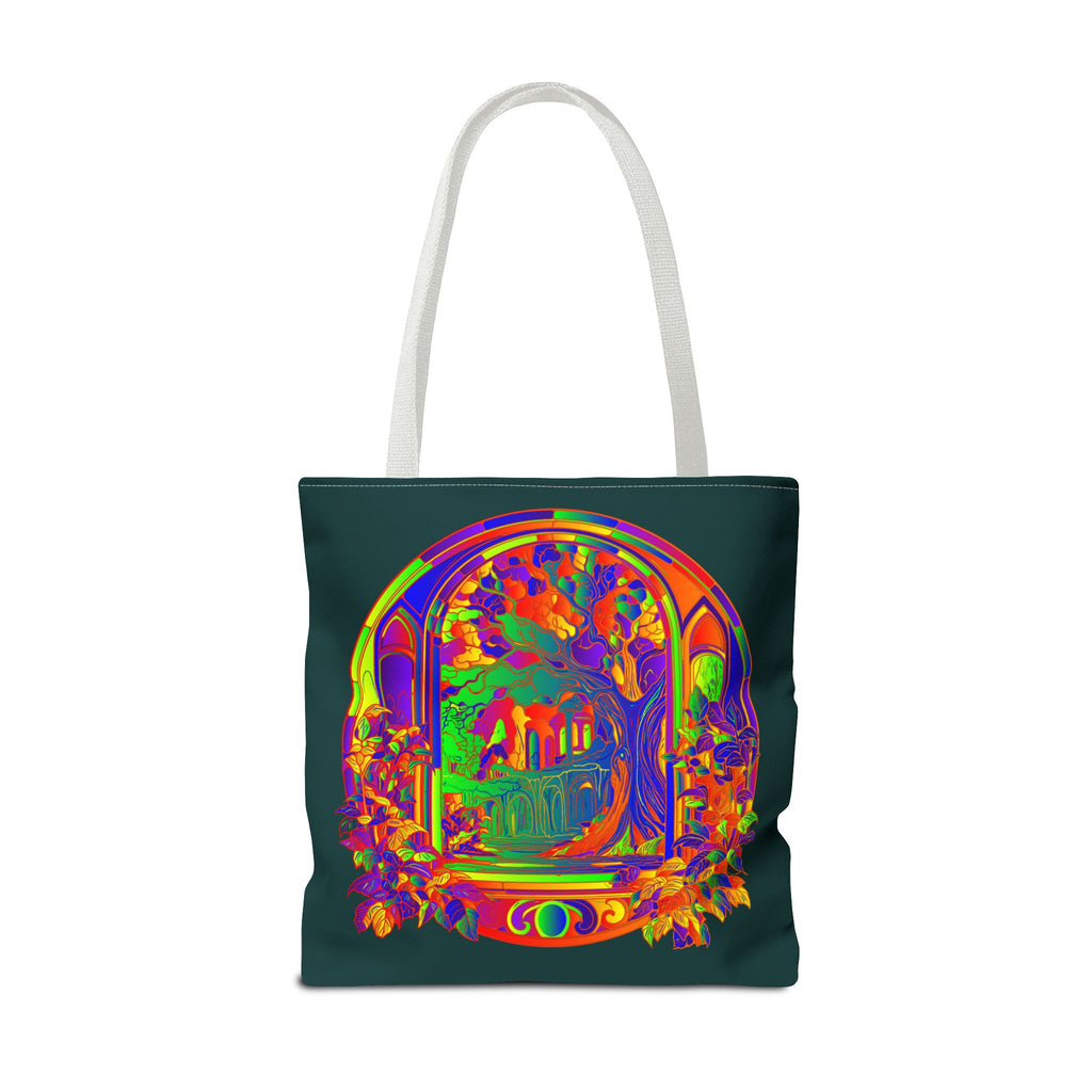 Colorful mandala tote bag featuring mystical nature design, perfect for eco-friendly fashion and carrying your essentials in style