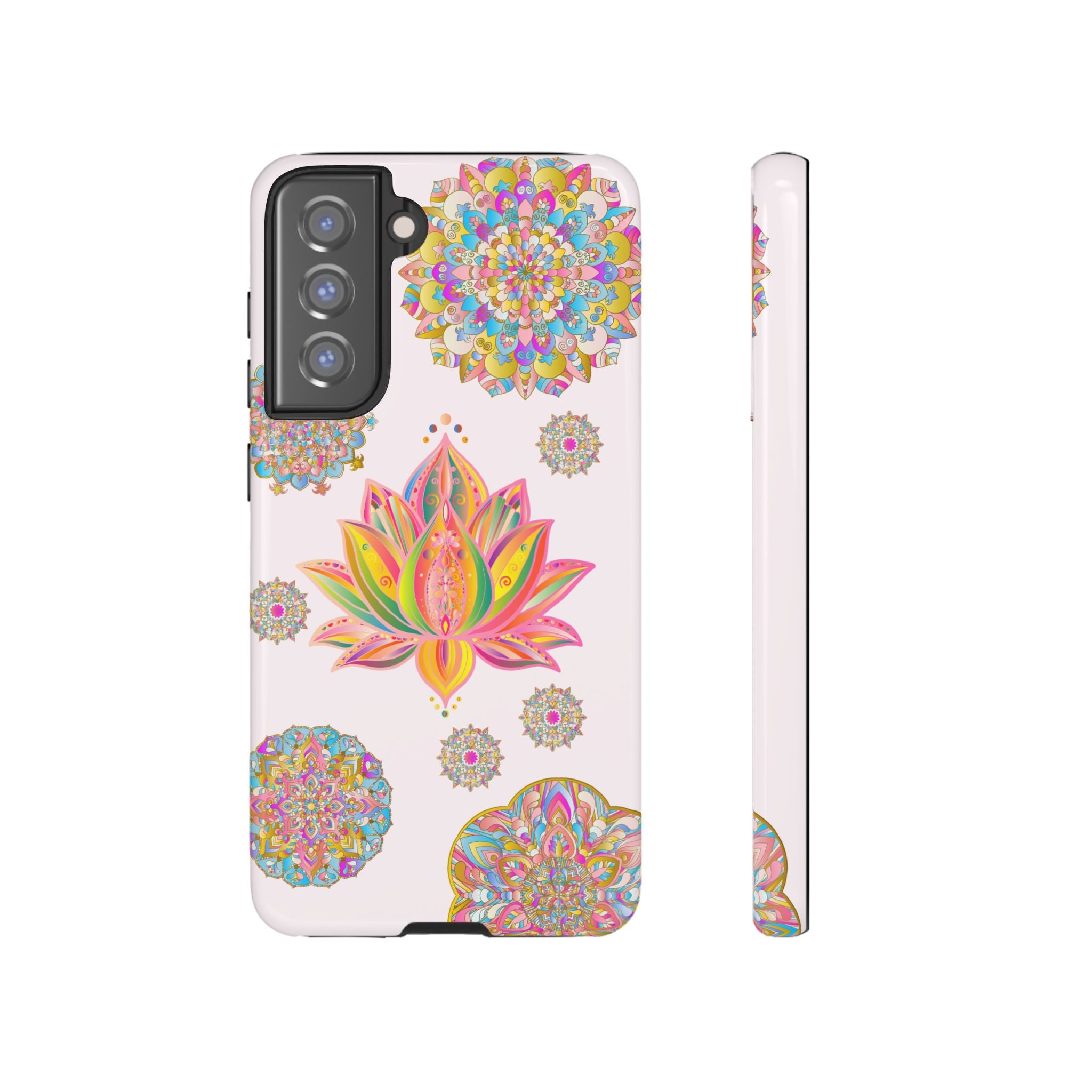 A light pink phone case with a mandala design featuring a beautiful lotus flower