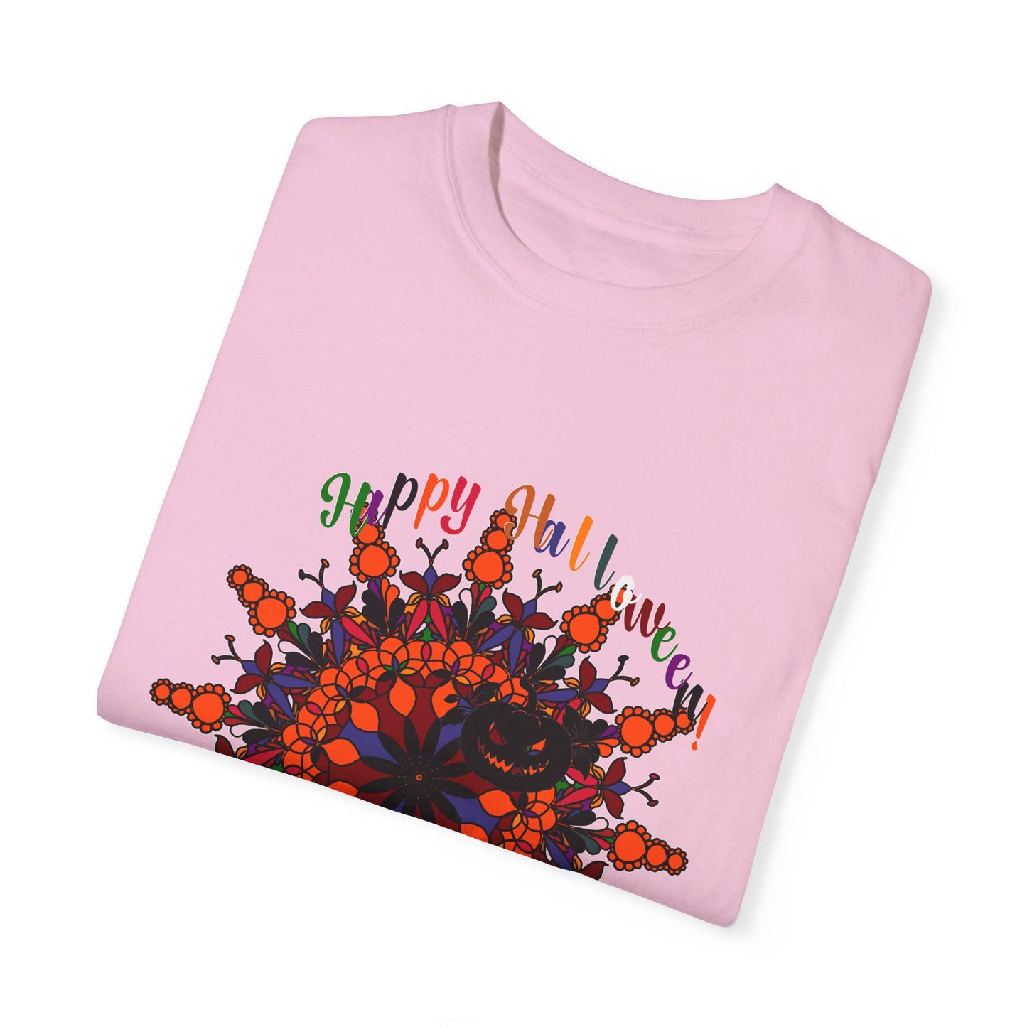 A vibrant unisex Halloween mandala t-shirt featuring handmade pumpkin art