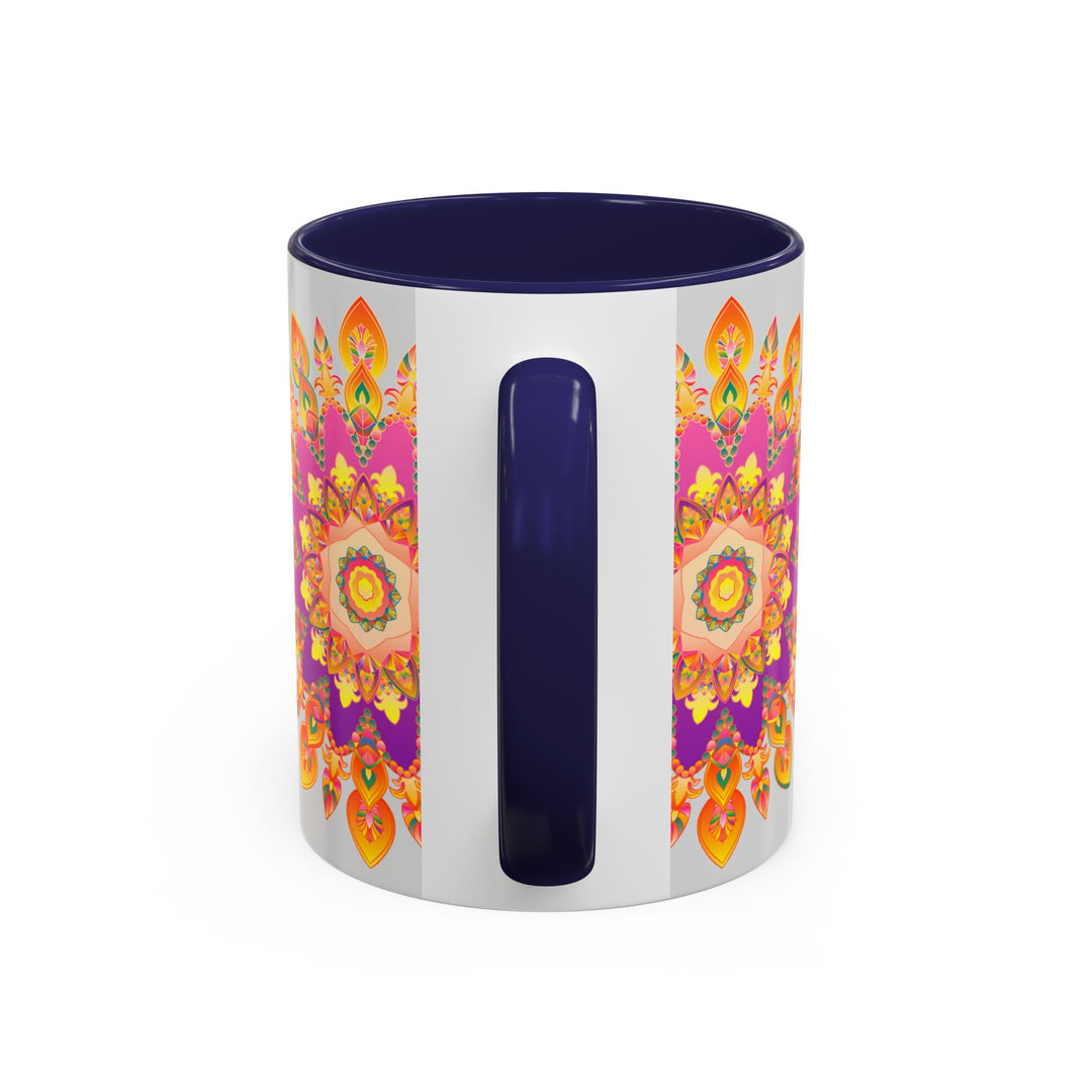 Beautiful mandala art mug with a colorful floral design perfect for morning coffee or tea